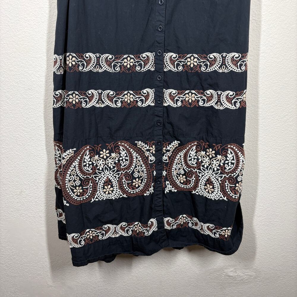By Anthropologie Large Shirt Swing Midi Dress Black Cotton Embroidered Paisley - Picture 5 of 9